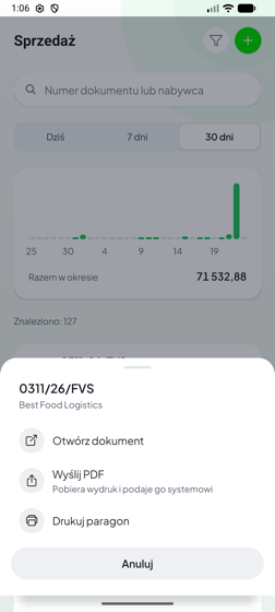 Menu czynności dla dokumentu na liście