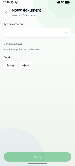 Krok 1 kreatora — wybór typu dokumentu