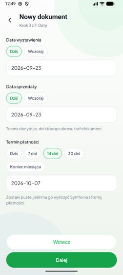 Krok 3 kreatora — daty i termin płatności