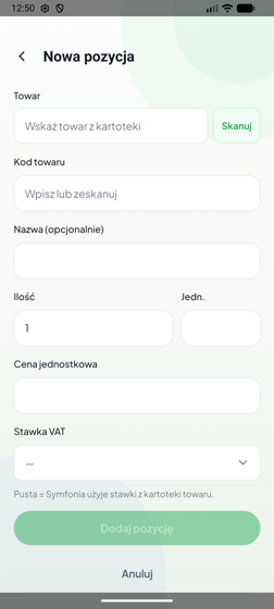 Okno nowej pozycji z przyciskiem Skanuj