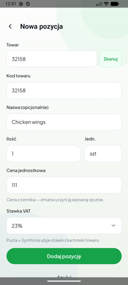 Pozycja uzupełniona danymi towaru