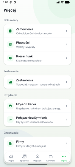Zakładka Więcej z sekcjami Dokumenty, Zestawienia, Urządzenie, Organizacja