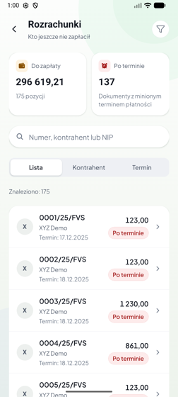 Ekran Rozrachunki z podziałem na terminowe i przeterminowane