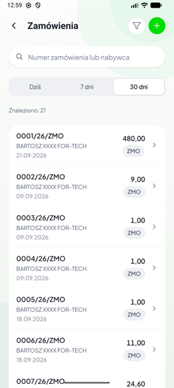 Lista zamówień w aplikacji