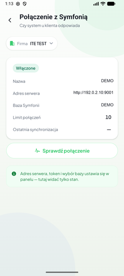 Ekran Połączenie z Symfonią ze stanem i limitem połączeń